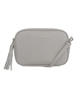 Mocha Chevron Box Leather Crossbody In Grey