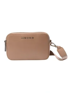 Mocha Alicia Leather Double Zip Crossbody In Taupe