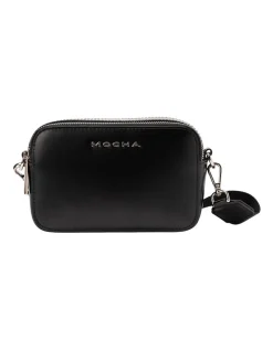 Mocha Alicia Glossy Leather Double Zip Bag In Black