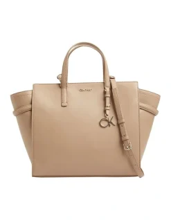 Calvin Klein Faux Leather Safari Canvas Tote In Beige